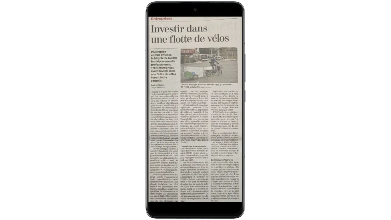 Article de La Tribune avec Physio Genève : "Investir dans une flotte de vélos pour les livraisons de repas à domicile avec l'IMAD"